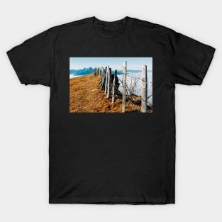 Mountains of Central Switzerland With Wooden Fence in Foreground T-Shirt